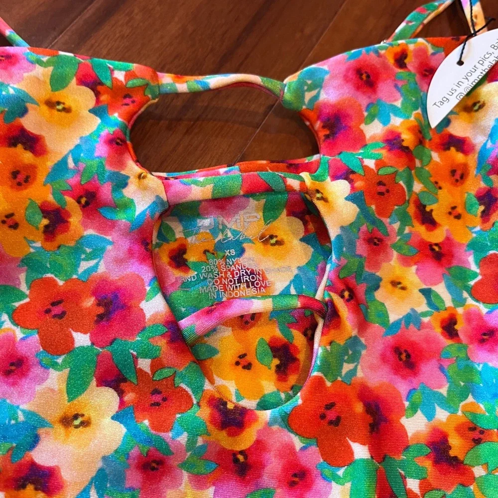 JMP One Piece Swimsuit Tropical‎ Floral Pink Green Multi Cutout New Size XS